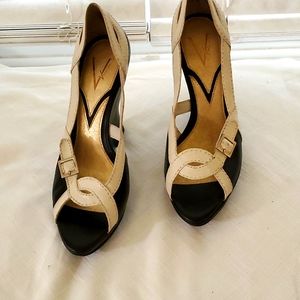 Vince Camuto black and cream size 8 open toe wedge style heels.